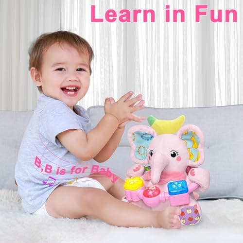 Holaxander Baby Elephant Musical Stuffed Animals Toy with Light-Up Music & Crinkle Sound Paper,Infant Bilingual Early Learning Education Toys,Tummy Time Toys for 0-3-6-12+ Months Boy Girl, Pink - Thumbnail 4