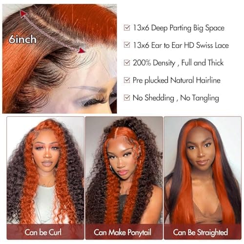 FFEGG 250 density Ginger Deep Wave Lace Front Wigs Human Hair Pre Plucked Hairline Glueless Wigs for Women 13x6 HD Lace Front Wigs Ginger Orange Curly Human Hair Wig Brazilian Hair 30 Inch - Thumbnail 4