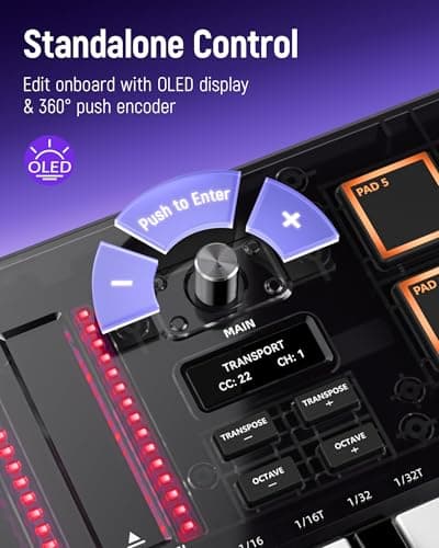 Synido 25 Key USB MIDI Keyboard Controller with 8 Drum Pads, Professional Mini Midi Keyboard with OLED Screen, Beat Maker Machine for Music Production, Black, TempoKey K25 - Thumbnail 3