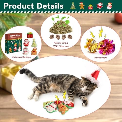 Retro Shaw Christmas Cat Toys, Xmas Catnip Toys for Indoor Cats Kitten Teeth Cleaning, Crinkly Interactive Cat Chew Nip Kitty Kicker Toy Santa Claus Trees Snowman, 5 Pack - Thumbnail 2
