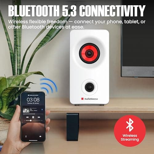 Audiosource Desktop PC Speakers with Bluetooth 5.3, USB-C Plug & Play, 2.0 Stereo Computer Speakers with Dual 2" Drivers, AUX Input, LED Indicator, Compact Design for PC, Laptop & Home Office (White) - Thumbnail 2