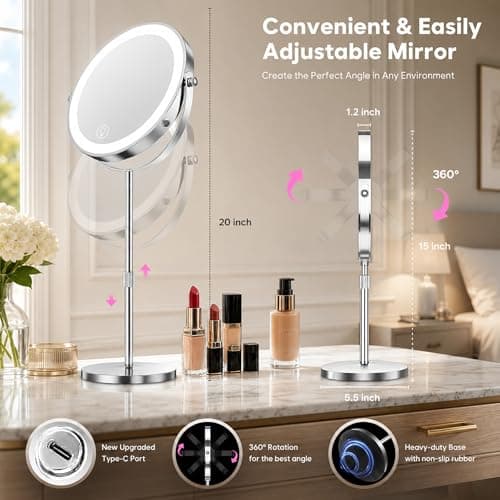Dienmern Lighted Makeup Mirror, 1X/20X Double-Sided Magnifying Vanity Mirror with Lights, 360° Rotation, 5000mAh Rechargeable Adjustable Brightness with 3 Colors for Dorm, Living Room, Women Gift - Thumbnail 5