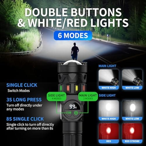 Esgofo Rechargeable Flashlights High Lumens 100000 Long Lasting LCD Display, Super Bright 50W LED, Quick USB C Charge & Output, Double Source & Buttons with Red Light, for Home Camping Hiking - Thumbnail 2