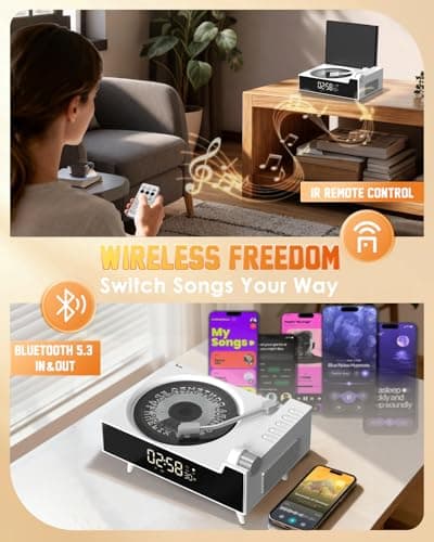 Qobayleo 9-in-1 Portable Retro CD Player for Home with Built-in Hi-Fi Dual Stereo Speakers, Bluetooth, FM Radio, Remote Control & Timer, LED Display, Support USB/AUX/Type-C, Festival Gift, White - Thumbnail 3
