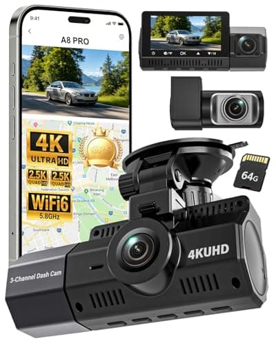 Eivikga 3-Channel Dash Cam Front and Rear Inside-4K+2.5K+2.5K, 4K Dash Cam, Free 64GB Card, WiFi Dashcam with GPS, G-Sensor,Loop Recording, HDR, 24H Parking Monitor, Car Dash Cam for Rideshare & Taxi