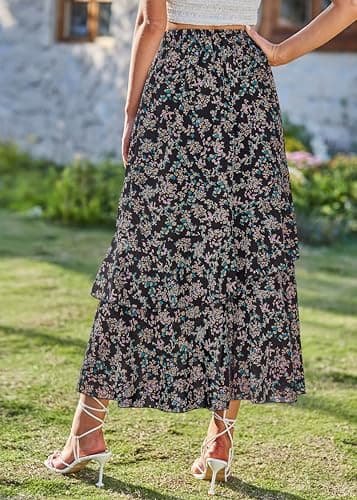 BTFBM Women 2026 Spring Summer Long Skirts Dress Boho Floral Elastic Waist Split Ruffle High Low Beach Maxi Skirt Clothes(Print Floral Black, Small) - Thumbnail 4