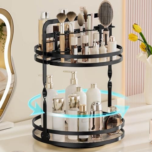 DUANFEE Rotating Makeup Vanity Organizer, 360 Spinning Perfume Organizer for Dresser, 2 Tier Bathroom Countertop Organizer, Black Lazy Susan Skincare Storage, Cosmetic Display Case with Brush Holder - Image 1