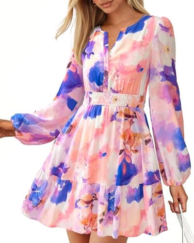 BTFBM Fall Dresses for Women 2026 Mini Long Sleeve Elastic Waist Summer Vacation Outfits Floral Wedding Guest Dress(Watercolour Purple, Large) - Image 1