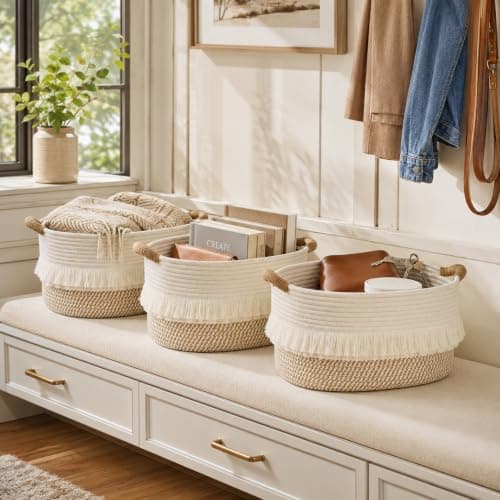 BUBUSUN Woven Baskets, 3-Pack Storage Basket for Living Room, Bedroom, Nursery, Stylish Gift Basket with Handles, Cotton Rope Basket for Toys and Shelves, Multi-Purpose Organizer (White/Brown) - Thumbnail 6