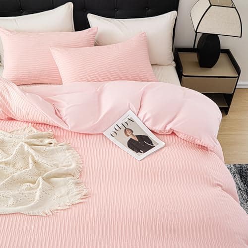 DCSKY Pink Duvet Cover Queen Size, 3pcs Washed Microfiber Bedding Set, Soft Breathable Rippled Duvet Cover Set with Zipper Closure for All Seasons - Thumbnail 6