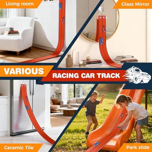 TAEMVV 15 Ft Dual Flexible Race Track for Kids, DIY Ramps Car Track Set Compatible with Hot Wheels 1/64 Diecast Cars, Reinforced Suction Cup for Boys Girls 3+, Red&Black - Thumbnail 4
