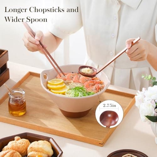 MALACASA 42 oz Ceramic Ramen Bowl Set with Wooden Spoon & Chopsticks, Japanese Style Soup Bowls for Ramen, Pho, Noodles – Set of 2, Microwave & Dishwasher Safe, Series TARA (Pink and Khaki) - Thumbnail 3
