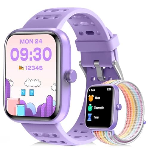 Kids Smart Watch for Girls Boys, Smart Watch for Kids with Health Monitor, Activities Track & Pedometer, Long-lasting Kid's Watches with Reminders & Puzzle Games, Gifts for Children-Purple(2 Bands)