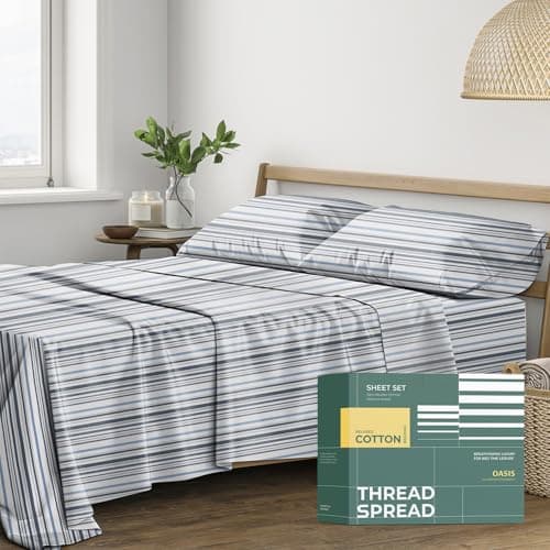 THREAD SPREAD 100% Organic Cotton Sheets Full Size - Organic Cotton Full Size Percale Sheet Set (4 PC, Variegated Stripe), Soft, Cooling, Crisp & Breathable, 16" Deep Pocket Hotel Quality Bedding Set - Image 1