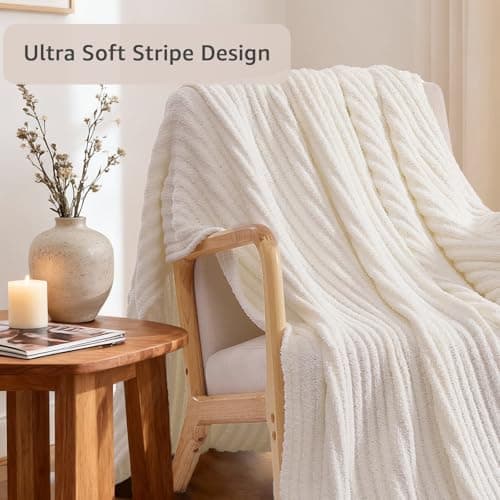 WRENSONGE Striped Throw Blanket, White Soft Cozy Fluffy Warm Hand Made Throw Blankets for Couch, Sofa, Chair, Bed, Camping, Picnic, Travel Lightweight Bed Blanket - 50"*60" - Thumbnail 4