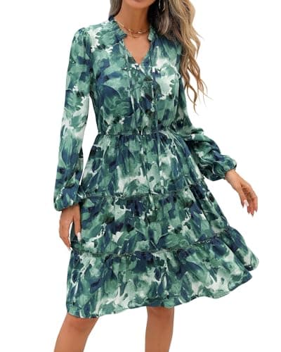 BTFBM Women Fall Dresses 2026 Floral V Neck Long Sleeve Tiered Ruffle Boho Swing Flowy A-Line Mini Dresses Vacation(Green Floral,Large) - Image 1