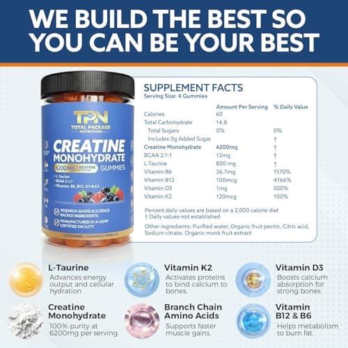 Creatine Monohydrate Gummies, 6200mg Creatine plus Taurine, BCAA, D3, K2 and B Vitamins, Best Creatine for Women and Men, Pre Workout Gummies, Increase Strength, Build Muscle, Vegan -120 pieces, Berry - Thumbnail 2