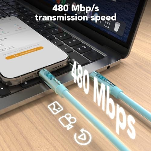 MFish 240W USB-C to USB-C Cable (PD 3.1 EPR), 480Mbps Speed, Fast Charging Type C Cable for MacBook Pro/Air, iPhone 17/16 Pro, Galaxy S25/S24, Laptops, iPad, Durable Silicone, 6FT Blue - Thumbnail 5