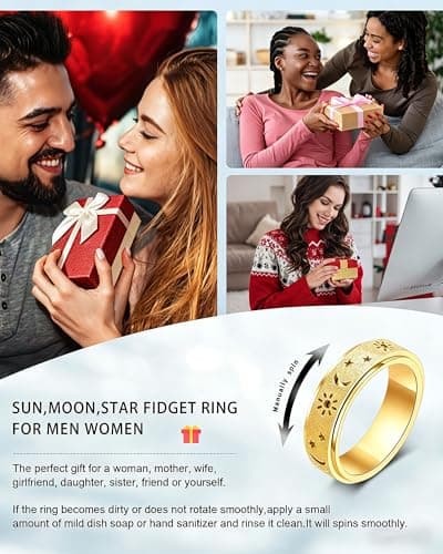 Fidget Toys Adults Anxiety Ring-Fidget Ring Women Men Stress Relief Spinner Fidget Toys Stainless Steel Band with Hollowed Sun Moon Star Sandblasted Surface 6mm Width,18K Gold/Silver Size 6-11 Unisex - Thumbnail 4