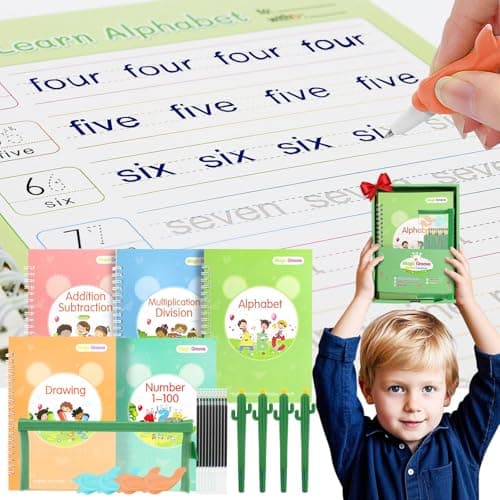 BYFWH Magic Groove Practice Copybook for Kids, Reusable Writing Practice Books, Grooved Handwriting Book Set for Kid Ages 3-8 Calligraphy 5.59 * 7.91 (5 Medium Books with Cactus Pens & Gift Box) - Image 1