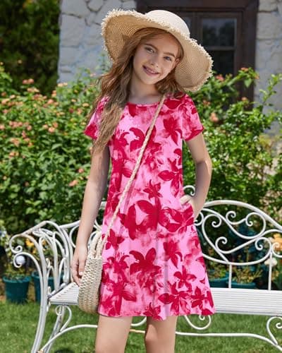 Girls Round Neck Summer Floral Short Sleeve Dress Kids Casual A line Beach Spring Dress with Pockets 2026 Red Flower Stamen 15-16 Years - Thumbnail 3