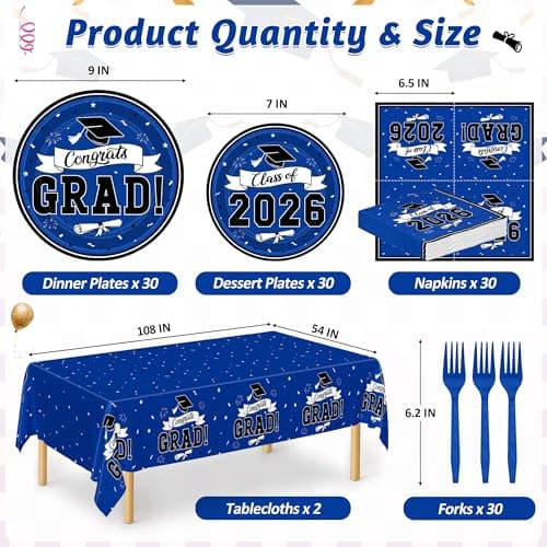 122 Pcs Graduation Decorations 2026 Set Serves 30, Graduation Plates and Napkins, Disposable Class of 2026 Grad Decorations, Blue Congrats Grad Paper Dinnerware Table Decor for Party - Thumbnail 2
