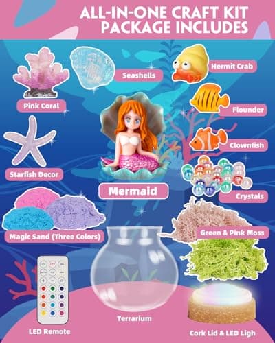 Winnrok Mermaid Terrarium Kit for Girls - DIY Night Light Craft with 13-Color LED, Remote & Timer. Ideal Easter Basket Stuffers, Birthday Gift for Kids Ages 4-8-12. Create Underwater Garden - Thumbnail 6
