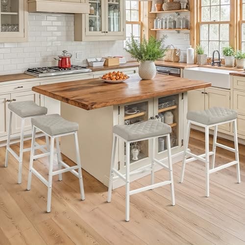 Compsia Counter Height Bar Stools Set of 4, Barstools with Thick PU Leather Saddle Seat & White Metal Legs,24Inch Kitchen Counter Stools,Light Beige Grey
