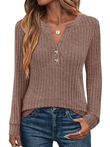 ANRABESS Womens Henley Shirts Long Sleeve Tunic Tops 2025 Fall Fashion Outfits Ribbed Knit Sweaters Ladies Casual Clothes Brown - Image 1