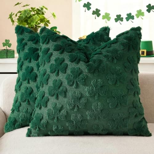 decorUhome St. Patrick’s Day Shamrock Green Pillow Covers 16x16 Inch Set of 2, Soft Plush Faux Wool Throw Pillow Covers, Farmhouse Spring Holiday Decor for Sofa Living Room - Image 1