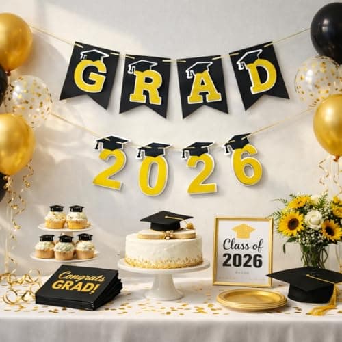 Graduation Decorations 2026– DIY 3D Congrats Grad 2026 Banner Black and Gold Layered Grad Party Decor for School and Home Graduation Photo Backdrop (Black) - Thumbnail 2