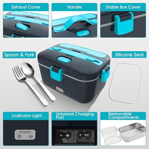COZYEXPERT Electric-Lunch-Box-Heated-Food-Warmer 100W Heating Lunchbox for Adults 1.8L Portable Food Heater for Work/Car, 12V/24V/110-230V Lonchera Eléctrica Portátil with Fork Spoon (Gray+Blue) - Thumbnail 6