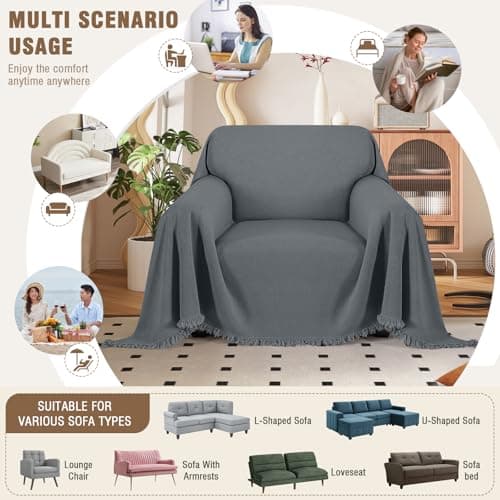 TAOCOCO Couch Cover, Couch Cover Blanket for Sofa, Thick Durable Throw for Sectional Couch, Washable Furniture Protector for Dogs Kids, Tassel Trim, 71''x71'' Dark Grey - Thumbnail 6