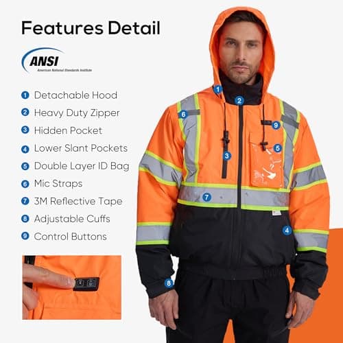 SRsafety Safety Heated Jacket,Waterproof Safety Jacket for Men with Pockets, Reflective High Visibility Safety Heated Jackets - Thumbnail 4