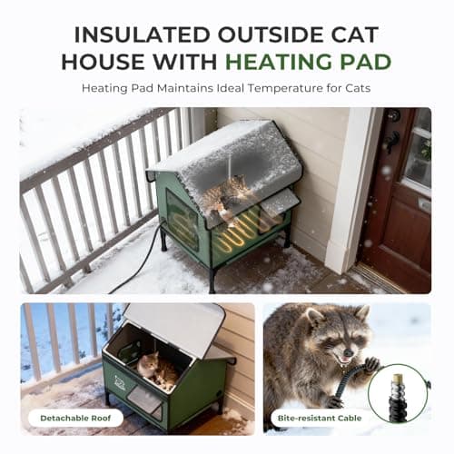 Apasiri Outdoor Cat House Weatherproof – Insulated Feral Cat Shelter with Heating Pad, Water Resistant 900D Oxford, Anti-Peep Curtains & Escape Door, Elevated Design for All Seasons, Small - Thumbnail 6
