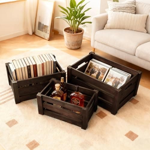 HFYFYXGS Wooden Crates for Storage and Display - Set of 3 Heavy Duty Nesting Wood Crates, Rustic Farmhouse Decorative Storage Boxes for Shelves, Pantry & Home Organization (L/M/S) - Thumbnail 2