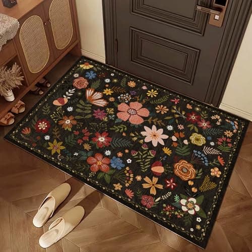HiChiclife Washable Doormat, Floral Rug, Non-Slip Small Rug for Entrance,2'x 3',Black - Image 1