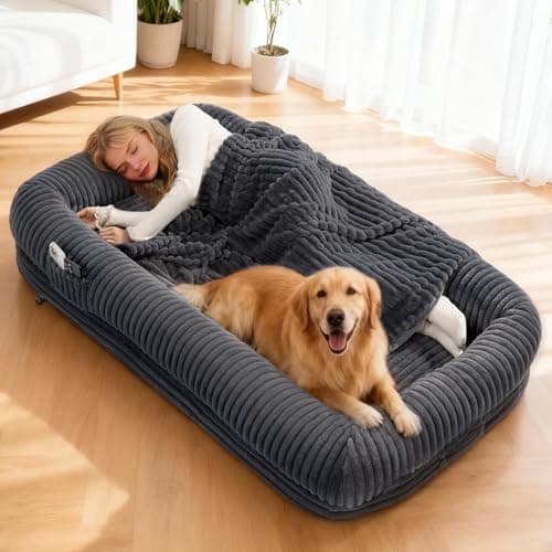 OtterOasis Foldable Human Dog Bed for Adult, 72"x44"x12" Fluffy Faux Fur Human Sized Pet Bed with Blanket, Orthopedic Dog Bed with Egg Foam and Water Proof Liner (Dark Grey (Surround), 72" Length) - Image 1