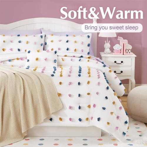 Geniospin Colored Pom Queen Comforter Set, 8 Pieces Ball Pom Comforter Sets, Bed in a Bag Queen, All Season Down Alternative Bedding Set, Lightweight, Warm and Breathable - Thumbnail 3