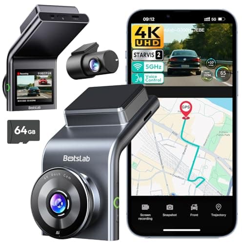 BOTSLAB G300 PLUS 4K DUAL Dash Cam Front and Rear [Updated Version], STARVIS 2 Sensor, 64GB Card Included, Voice Control, 5GHz WiFi Dashcam Front and Rear Camera, GPS,WDR Night Vision,24H Parking Mode