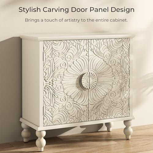 Furnivado Buffet Cabinet with Storage, Accent Cabinet with 2 Carved Doors, Solid Wood Sideboard with Adjustable Shelf, Vintage Cabinets for Kitchen, Living Room, Entryway, Beige - Thumbnail 3