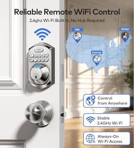 TEEHO TE012W-K WiFi Smart Keyless Entry Door Lock with Handle, Fingerprint Door Knob & Digital Keypad, APP Remote Control, Works with Alexa & Google, Electronic Deadbolt for Front Door, Satin Nickel - Thumbnail 2