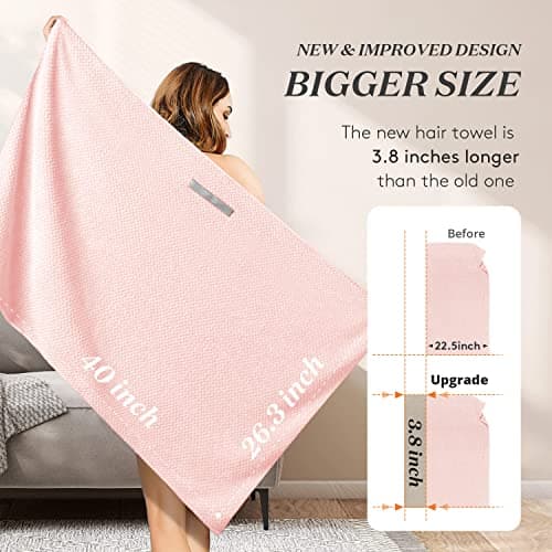 YFONG Large Hair Towel Wrap for Women, Super Absorbent Microfiber Hair Towel for Curly Hair, Fast Drying Hair Turbans with Elastic,Hair Drying Towel Wrap for Hair Care 26.3" X 40" (Pink) - Thumbnail 5