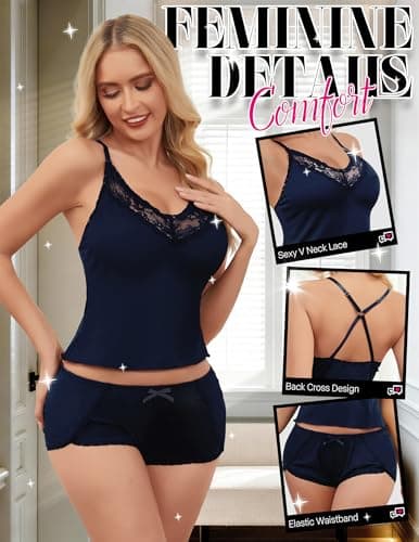 Tidouk Women's Sexy Pajama Set Lace Lingerie Nightwear Cami PJ Sets with Elastic Waist Shorts(Navy Blue,XX-Large) - Thumbnail 3