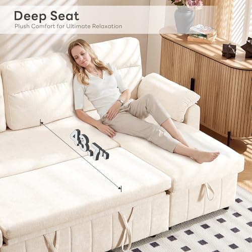 Tbfit 108'' Pull Out Sofa, Cloud Sleeper Sofa Bed with USB & 2 Storage Chaises, Comfy Oersized U Shaped Convertible Sectional Sleeper Couches for Living Room, Apartment, Office, White Sherpa - Thumbnail 5