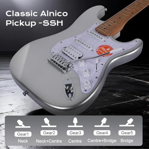 Bullstar Solid Body Electric Guitar Kit -39in Starter Guitar Kit with Metallic finish, Guitar Case, Amplifier Gig Bag, Strings, Strap, Cable, Picks(Silver) - Thumbnail 2