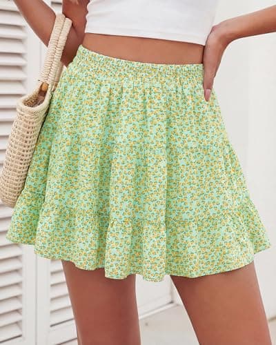 BTFBM Summer Skirts for Women 2026 Floral High Waist Shorts Underneath Boho Tiered Flowy Tennis Skorts Casual Mini Skirt(Floral Green Yellow, Small) - Thumbnail 2