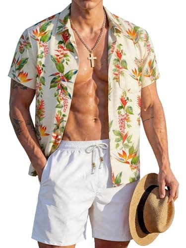 JEMLDL Men's Hawaiian Two Piece Sets Short Sleeve Shirts Linen Drawstring Shorts Outfits Summer Vacation Beach Clothes White Orange Floral L - Image 1