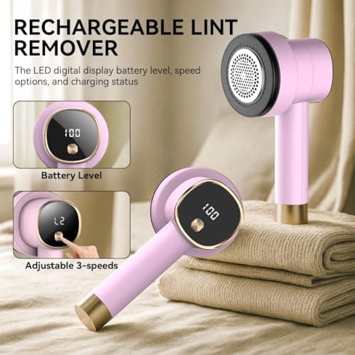 Smyeviva Rechargeable Fabric Shaver for Clothes: 6-Leaf Blades & 3 Speeds to Remove Pilling, Fuzz & Lint Balls - with LED Display, Portable Electric Lint Remover for Sweater, Couch, Blanket, Furniture - Thumbnail 4