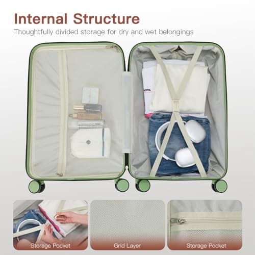 GettBetter Luggage Sets PC Hardshell Durable Suitcase Sets Double Spinner Wheels TSA Lock Zippers 4 Piece Luggage Set for Women Men,Back to School,Avocado Green(14/20/24/28 inch) - Thumbnail 6